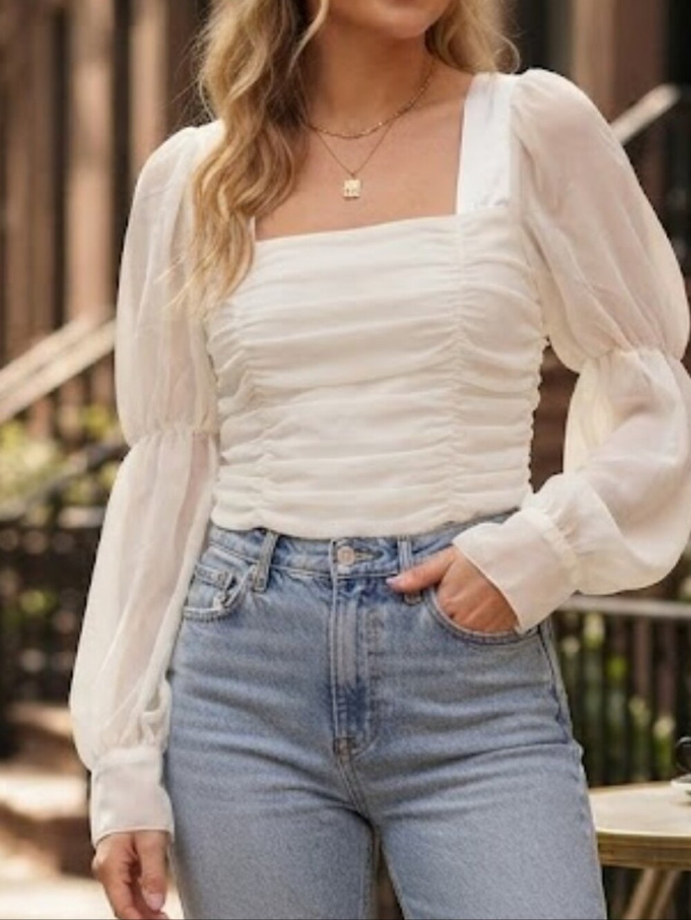 For Love & Lemons White Puff Sleeve Ruched Square Neck Top
